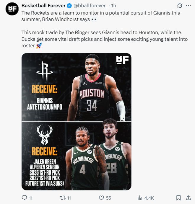 5月3日ESPN暗示：火箭马刺若签位提升将追逐雄鹿巨星扬尼斯